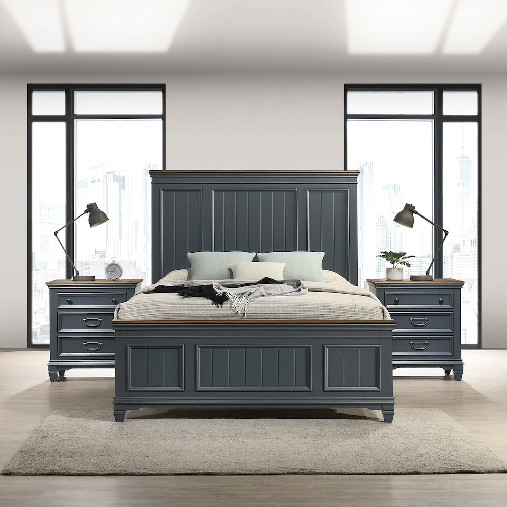 Clelane Wood Bedroom Set with Shiplap Panel Queen Bed and 2 Nightstands. Picture 2