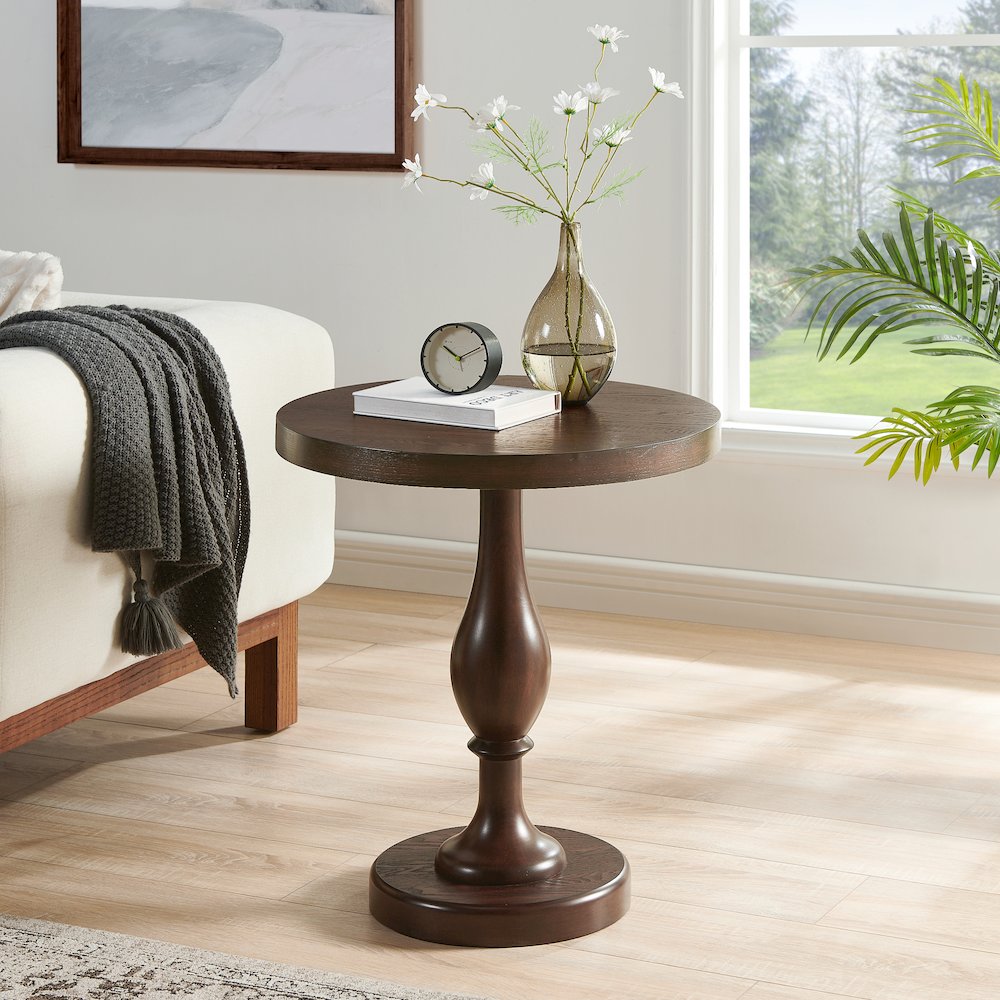 Solmere 22" Round Wood Pedestal End Table, Espresso. Picture 2