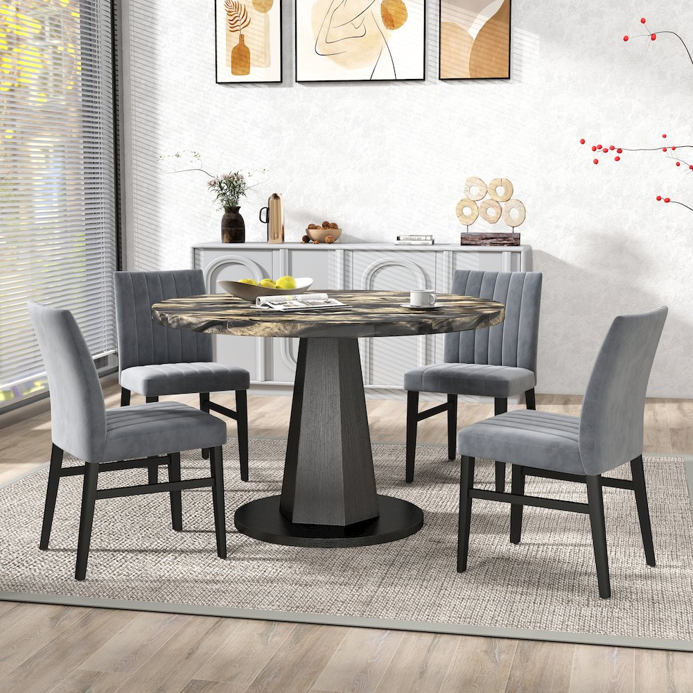 5-Piece Dining Set, Black and Gold Faux Marble Dining Table Four Chairs, Gray. Picture 4