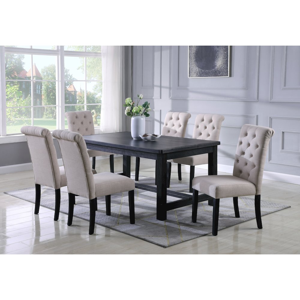 Leviton Antique Black Finished Wood Dining Set, Table with Six Chairs, Tan. Picture 2