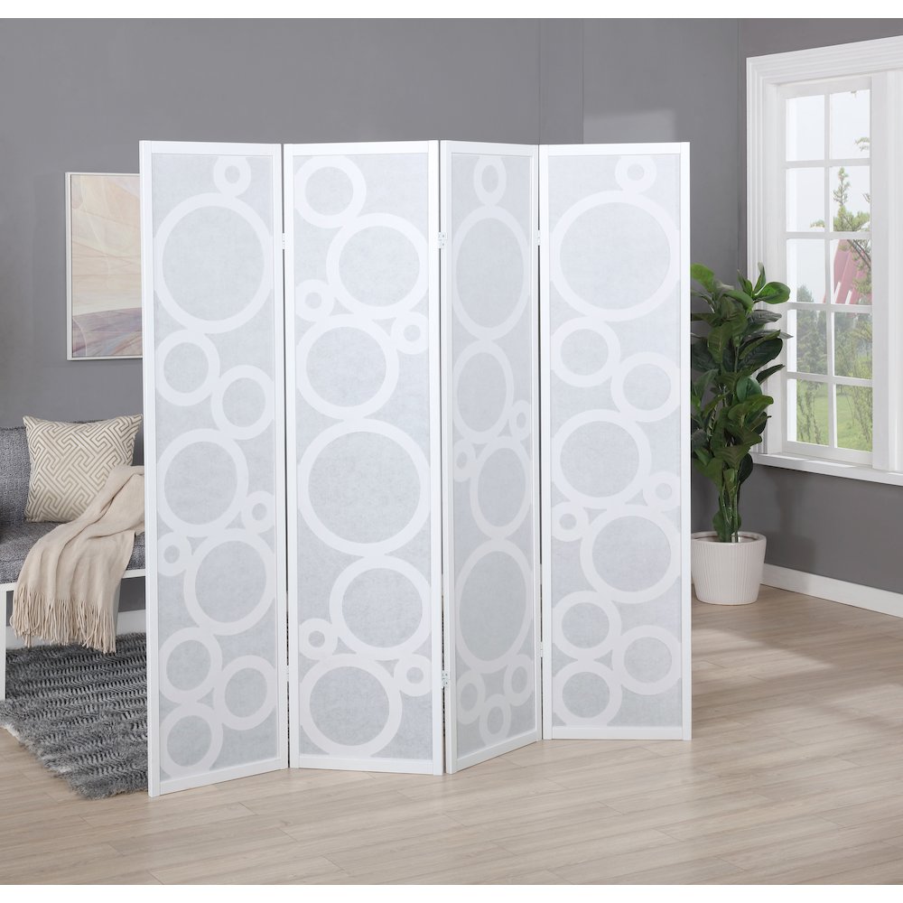 Arvada 4-Panel Wood Room Divider with Circle Pattern, White. Picture 3