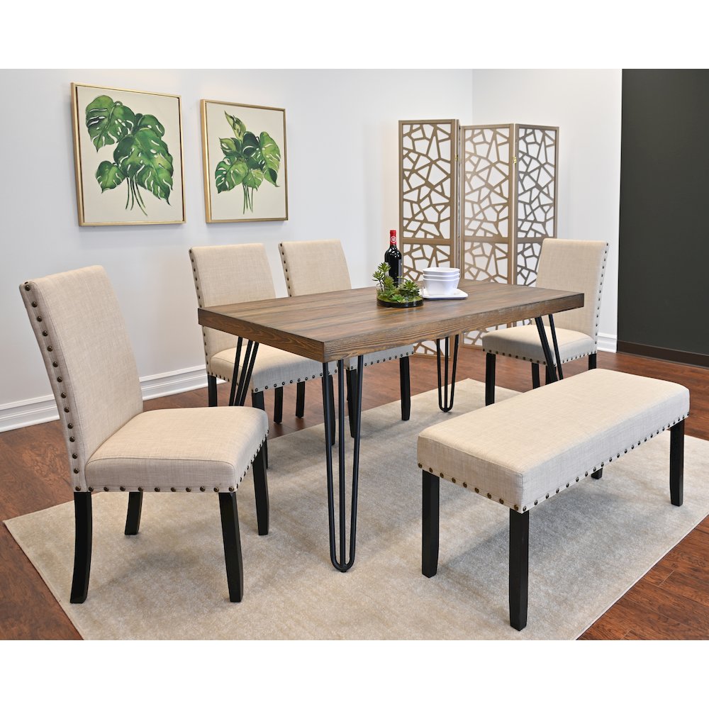 Amisos 6-Pc Dining Set, Hairpin Dining Table with 4 Chairs and Bench, Tan. Picture 4