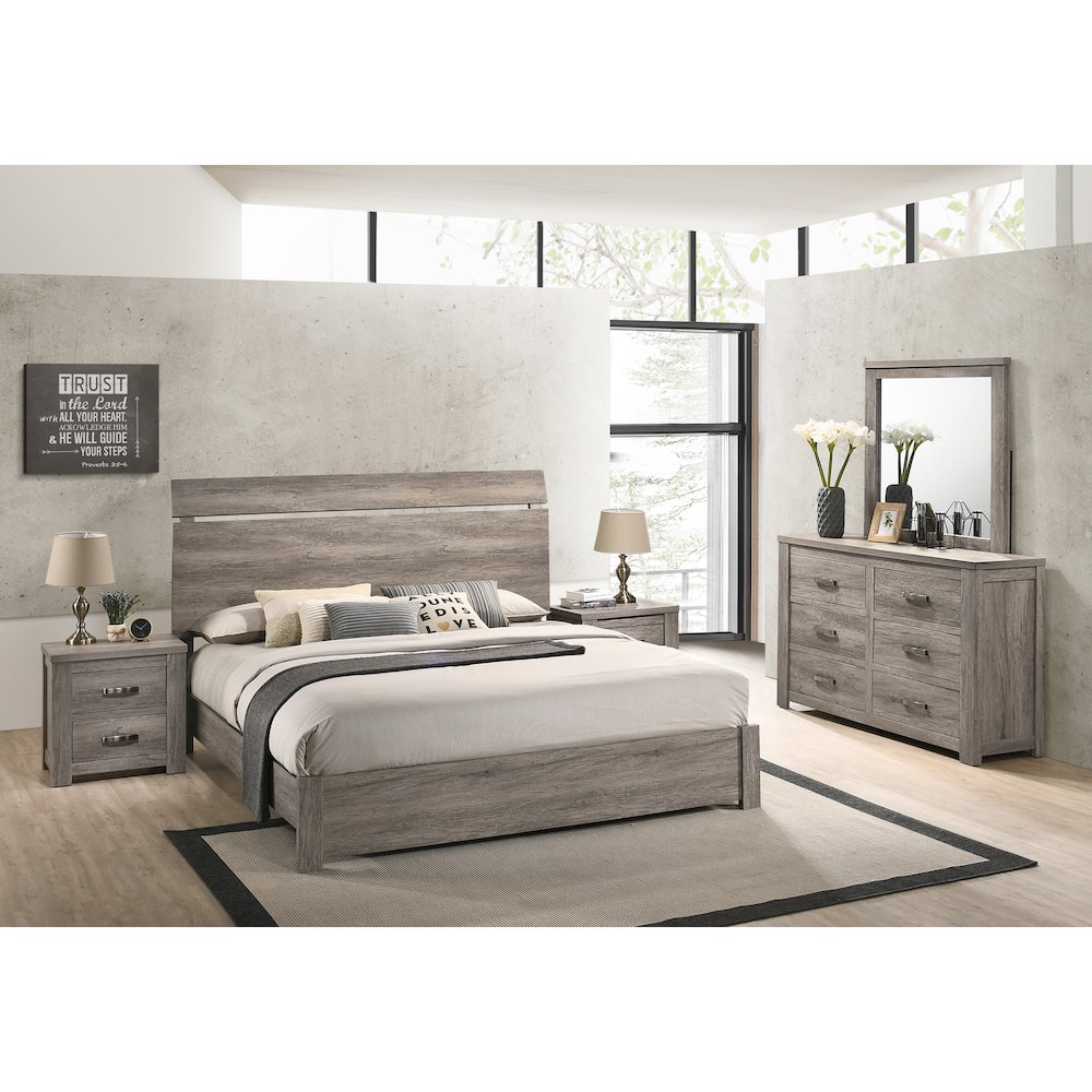 Weathered Gray Wood Bedroom Set, King Panel Bed, Dresser, Mirror, 2 Nightstands. Picture 2