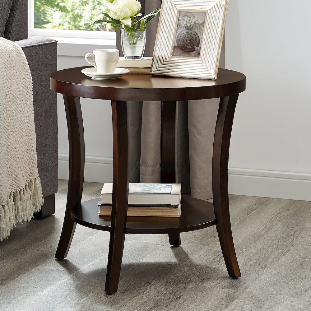 Perth Espresso Round End Table with Shelf. Picture 3