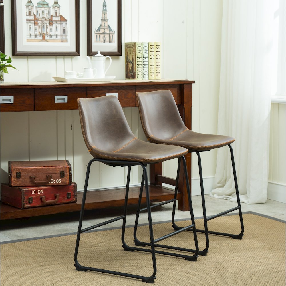 Lotusville Vintage PU Leather Counter Height Stools, Antique Brown, Set of 2. Picture 3