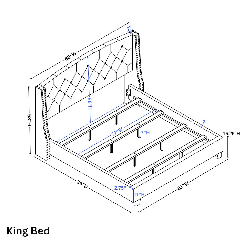 Nantarre Fabric Button Tufted Wingback King Bed with Nail Head Trim, Gray. Picture 7