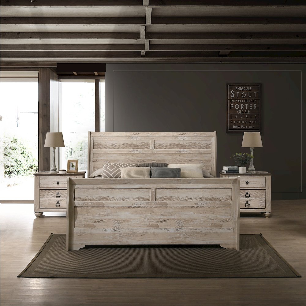 White Wash Finish 3-Piece Bedroom Set-Sleigh Bed and Two Nightstands, King Size. Picture 2