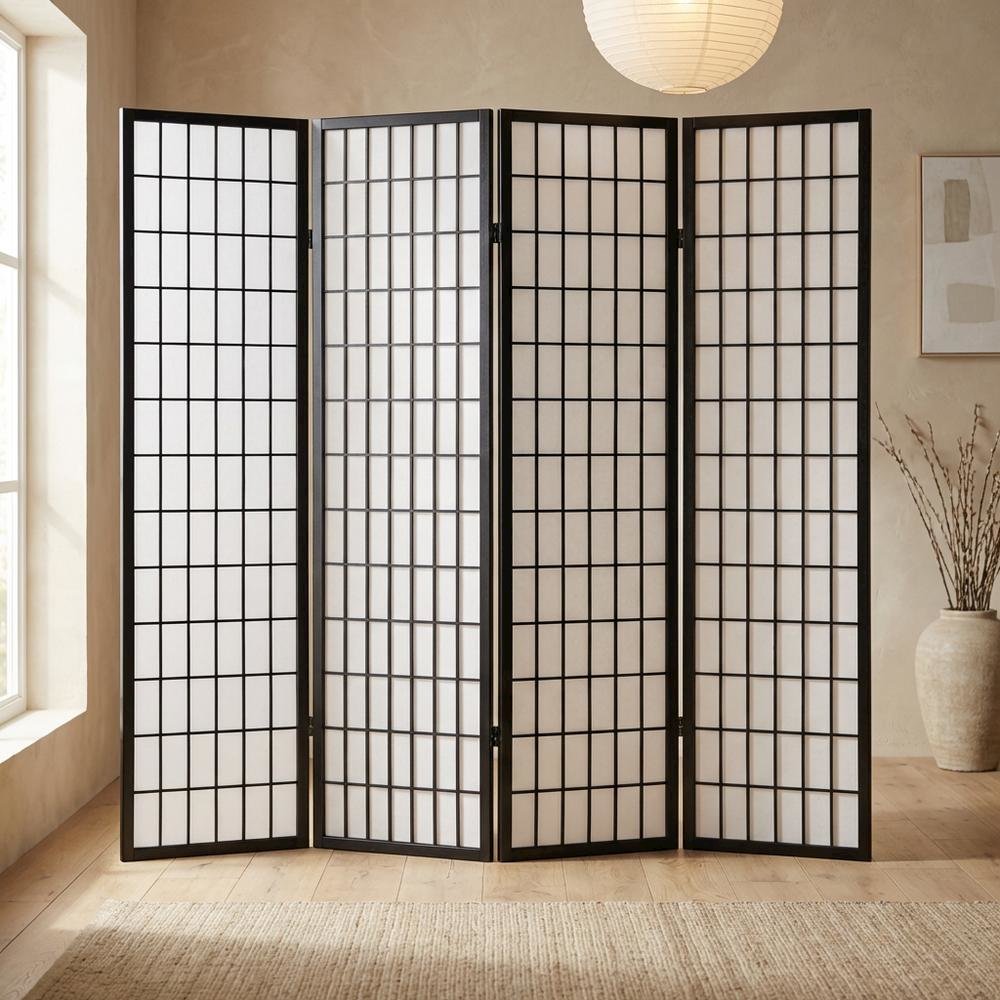 Black 4-Panel Wood Folding Room Divider, Rice Paper, 71 Inch. Picture 2