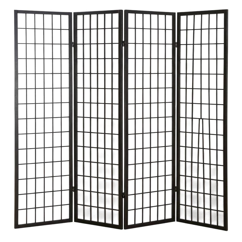 Black 4-Panel Wood Folding Room Divider, Rice Paper, 71 Inch. Picture 1