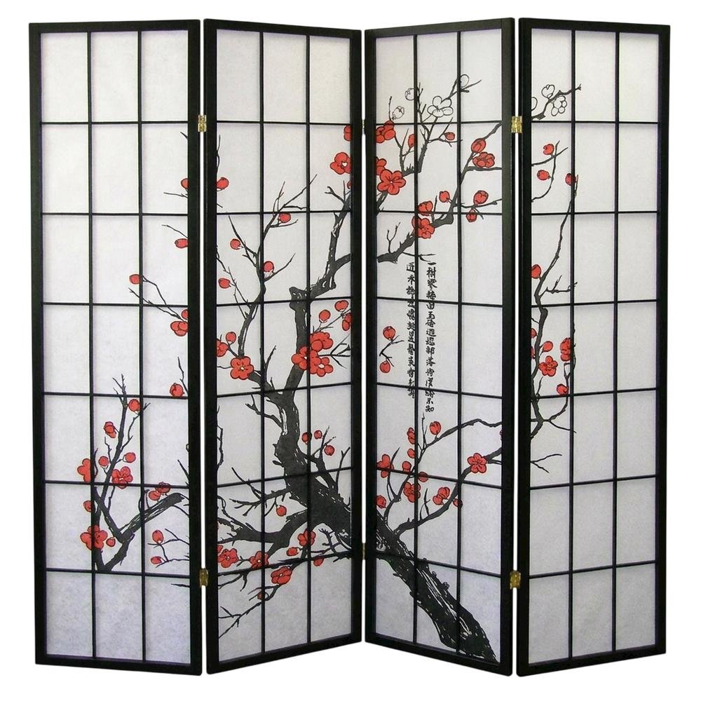 Black Japanese 4-Panel Room Divider with Plum Blossom Design. Picture 1