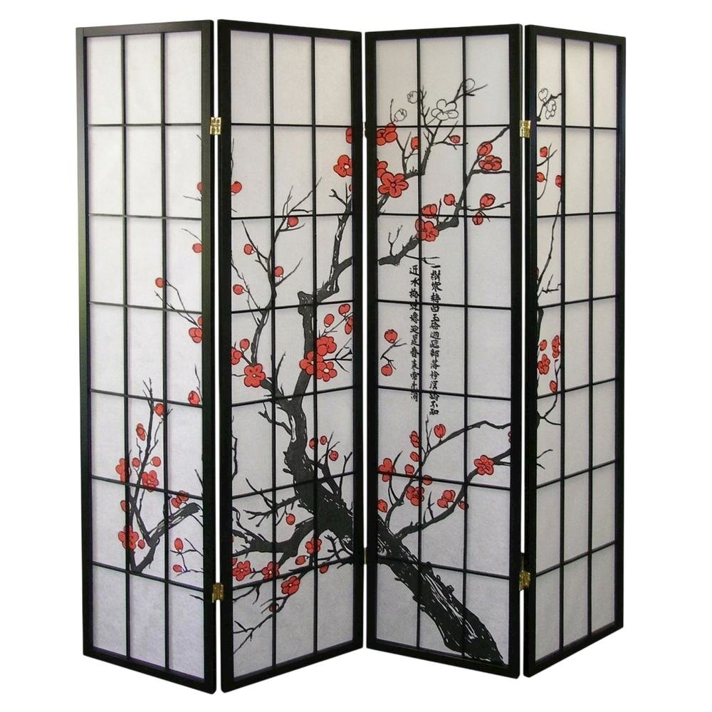 Black Japanese 4-Panel Room Divider with Plum Blossom Design. Picture 3