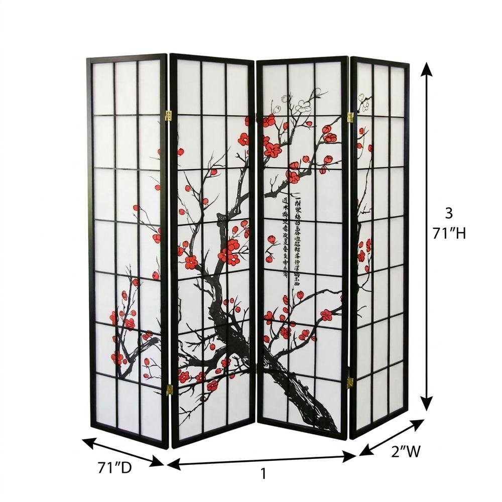 Black Japanese 4-Panel Room Divider with Plum Blossom Design. Picture 5