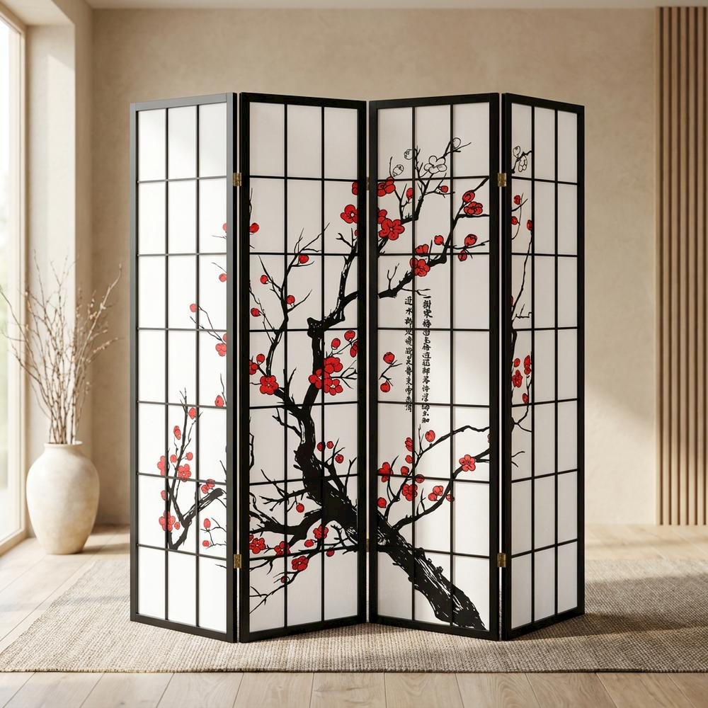 Black Japanese 4-Panel Room Divider with Plum Blossom Design. Picture 2