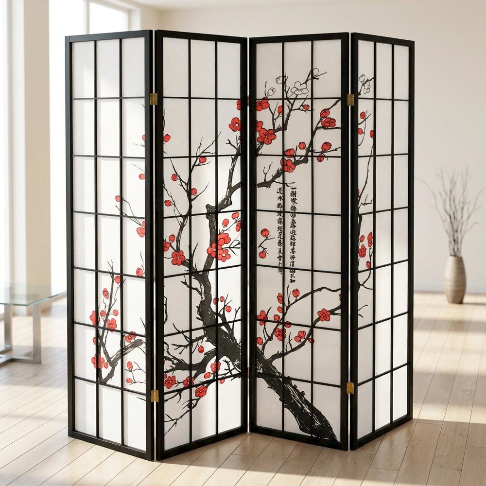 Black Japanese 4-Panel Room Divider with Plum Blossom Design. Picture 4