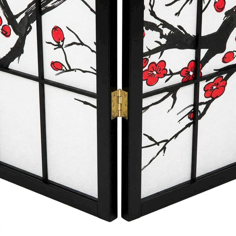 Black Japanese 4-Panel Room Divider with Plum Blossom Design. Picture 6