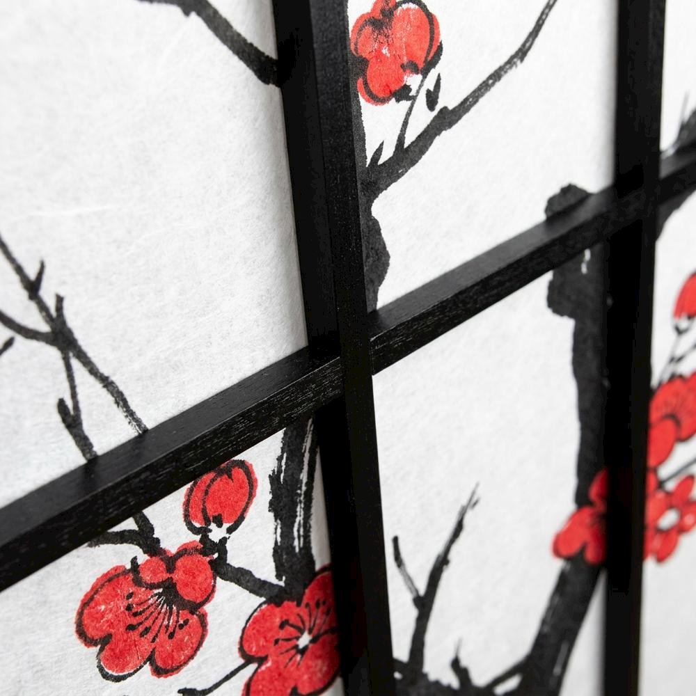 Black Japanese 4-Panel Room Divider with Plum Blossom Design. Picture 7