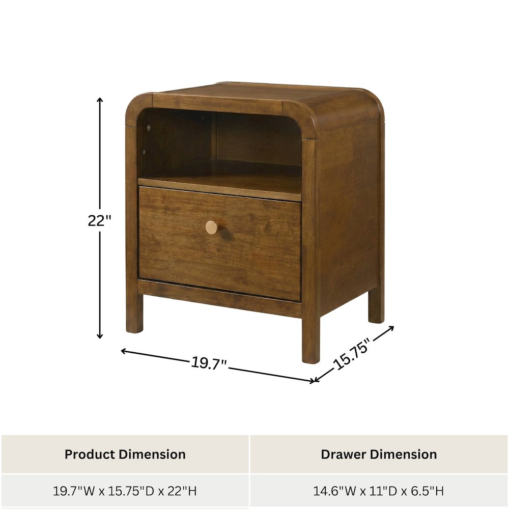 Eldren Wood Nightstand with Solid Rubberwood Frame, Walnut Finish. Picture 9