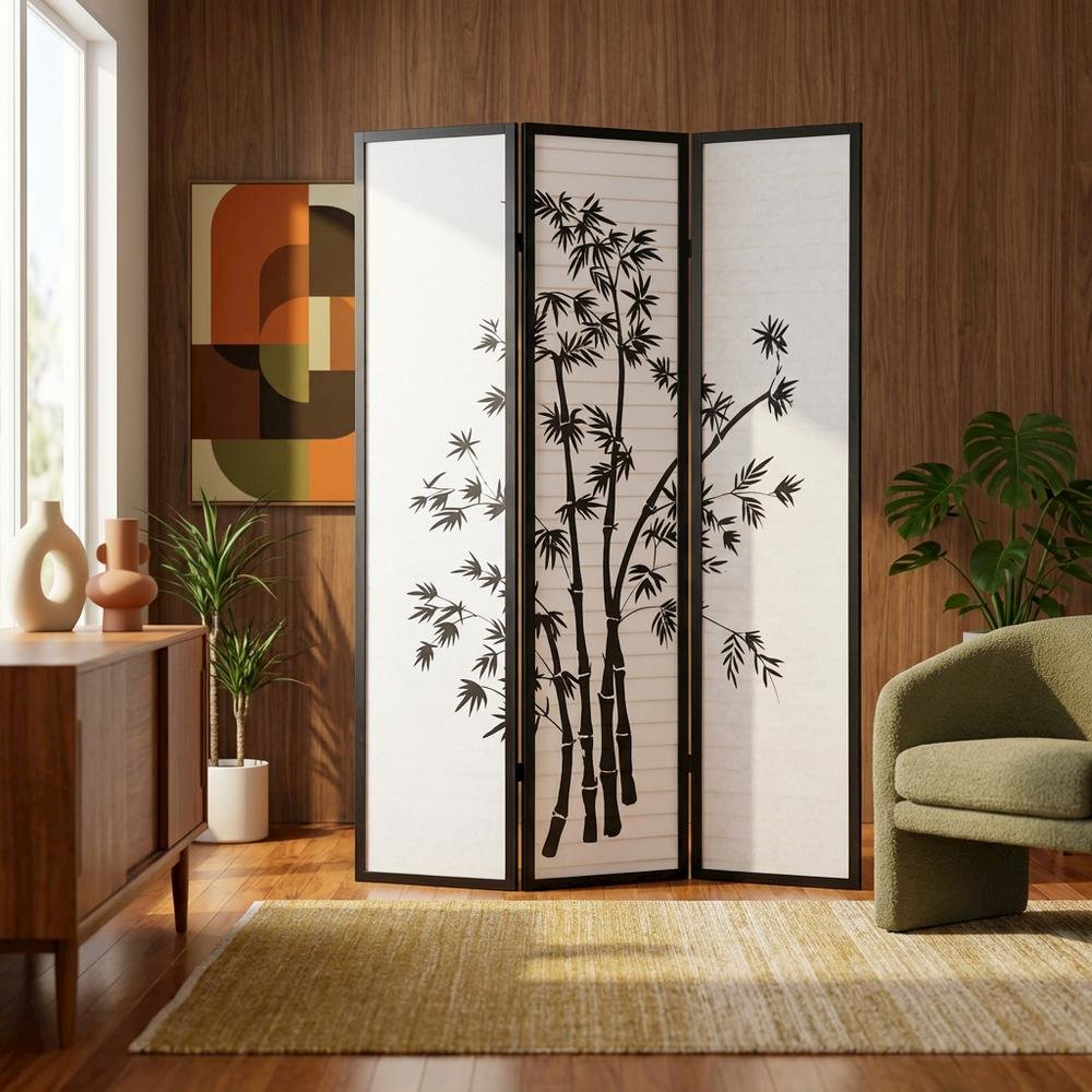 Black 3-Panel Wood Folding Room Divider, Rice Paper, 72 Inch. Picture 3