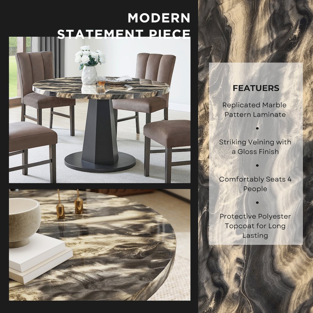 Cavira 5-PC Dining Set, Black and Gold Faux Marble Table with 4 Brown Chairs. Picture 11