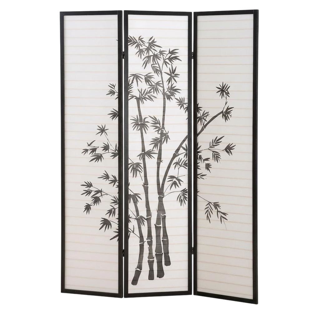 Black 3-Panel Wood Folding Room Divider, Rice Paper, 72 Inch. Picture 4