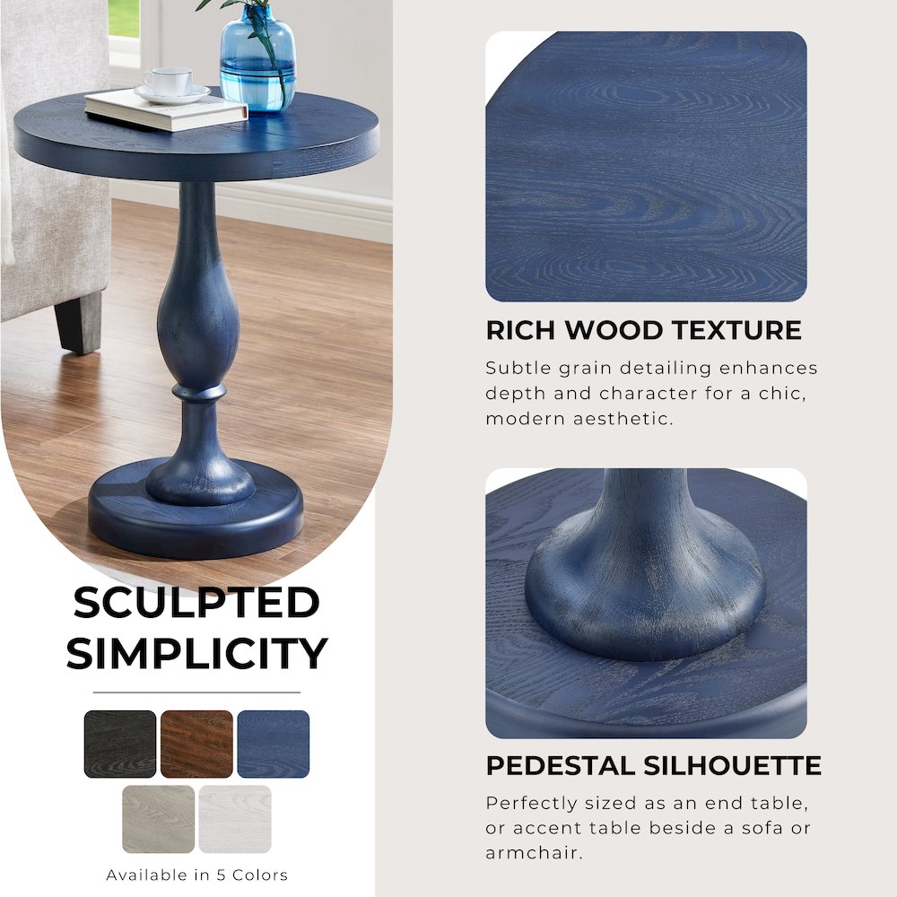 Solmere 22" Round Wood Pedestal End Table, Blue. Picture 5