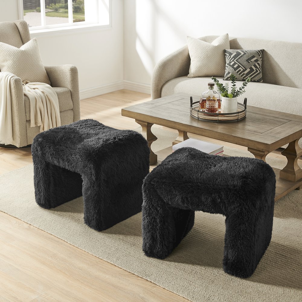 Zorya Contemporary Faux Fur U-Shaped Ottoman, Set of 2, Black. Picture 3