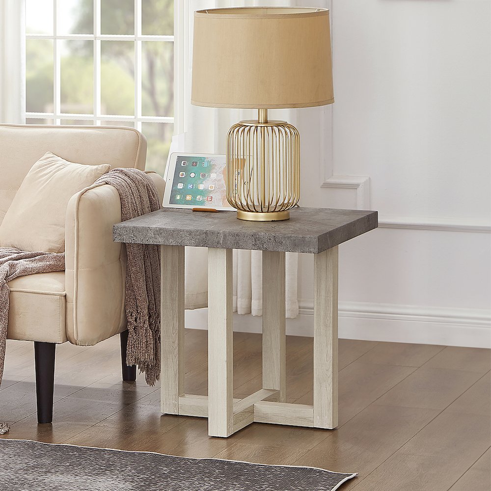 3-Piece Coffee Table Set, Coffee Table, Two End Tables, Faux Concrete and White. Picture 10