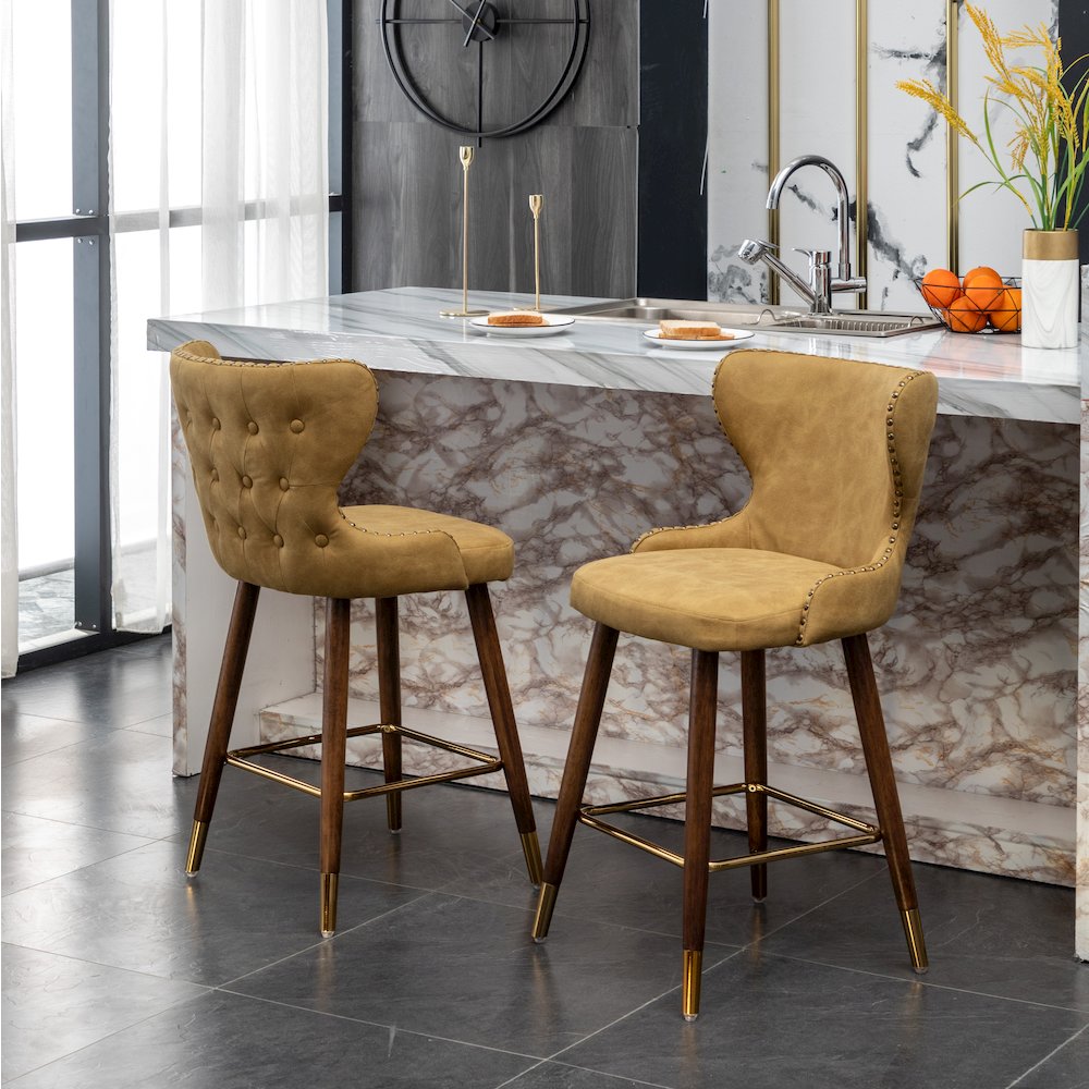 Nevis Modern Faux Leather Tufted Nailhead Trim Counter Stool Set of 2, Yellow. Picture 6