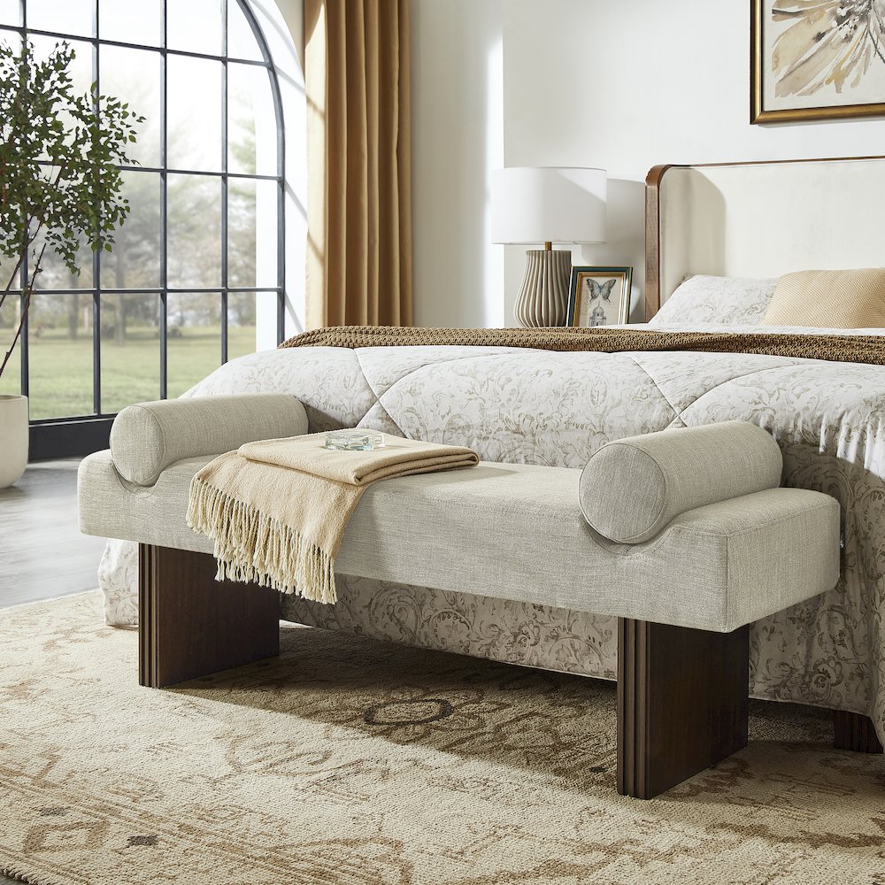 Brooke Contemporary Upholstered Bench, Beige. Picture 2