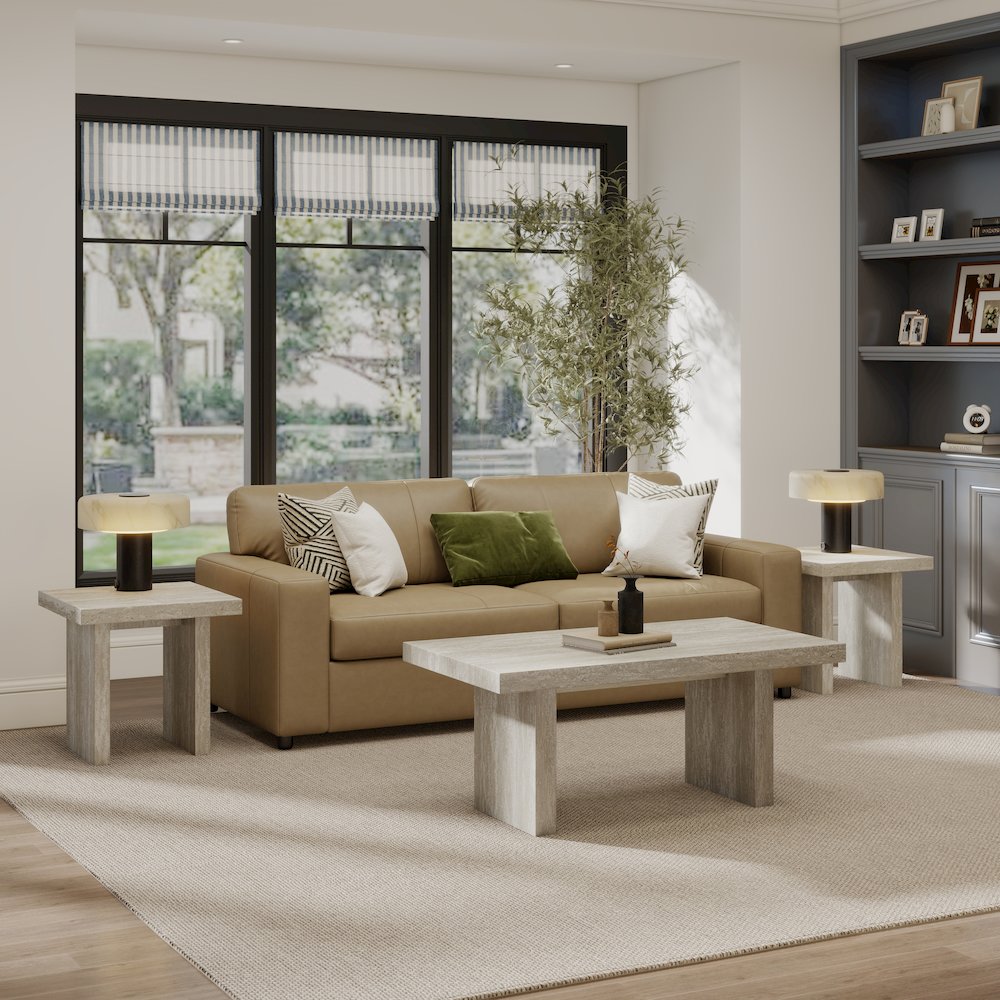 Cavira 3-Piece Faux Marble Coffee Table Set, Table and Two End Tables, Beige. Picture 2