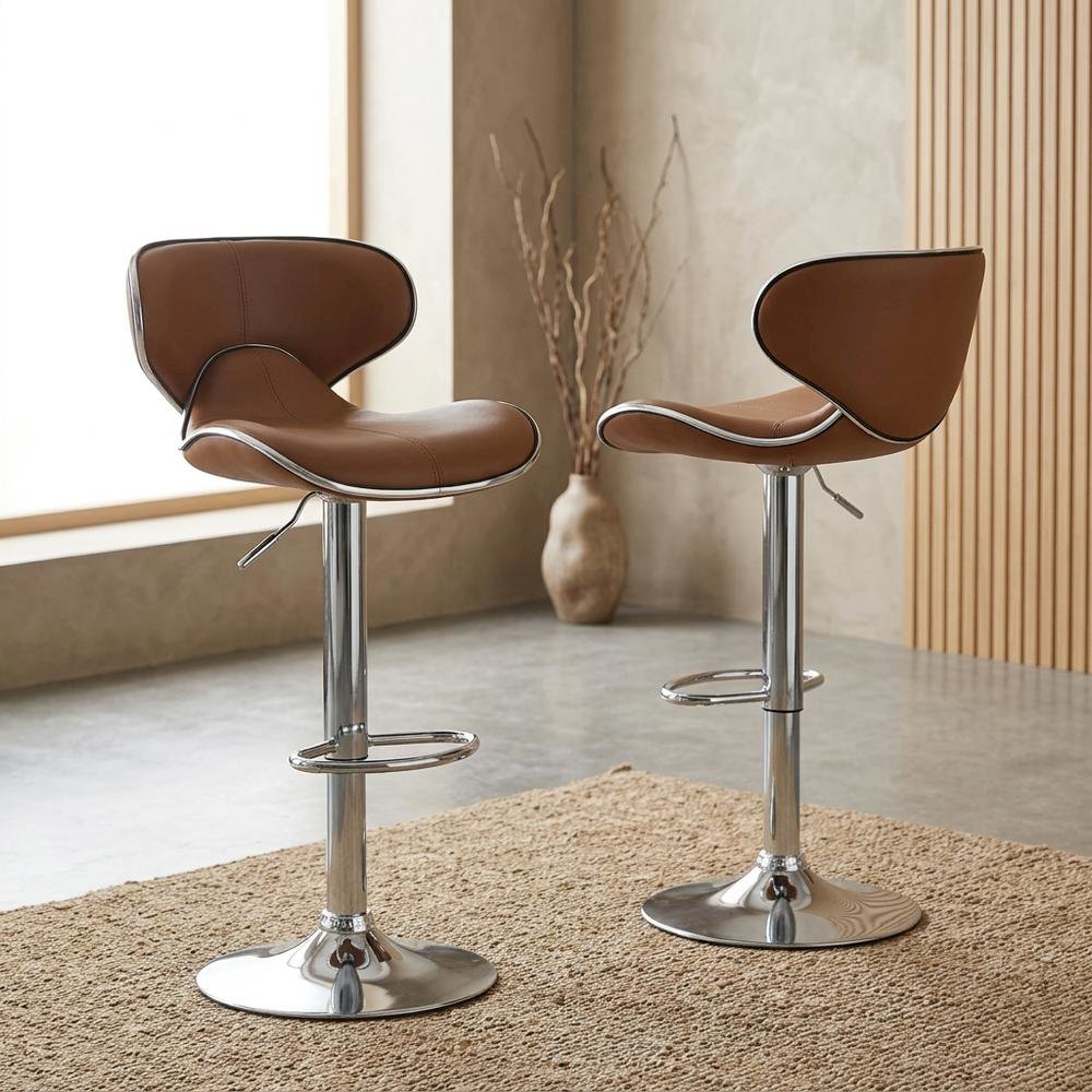 Caramel Leatherette Swivel Barstool Set with Chrome Base and Adjustable Height. Picture 2