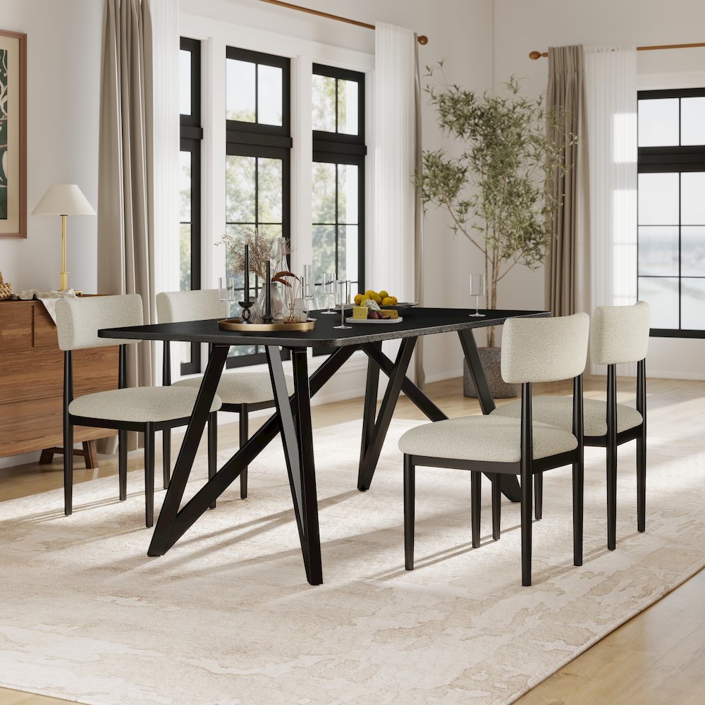 Axler 5-Piece Dining Set, Tripod-Cross Dining Table with 4 Boucle Chairs, Black. Picture 3