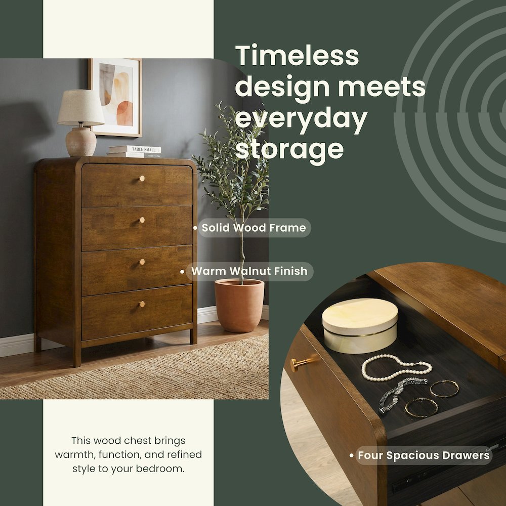 Eldren 4-Drawer Wood Chest with Solid Rubberwood Frame, Walnut Finish. Picture 8