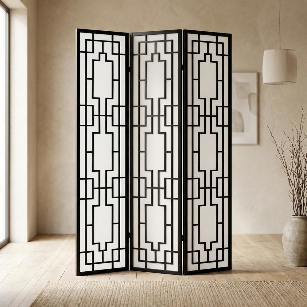 Natural 3-Panel Wood Folding Room Divider, Fabric, 70 Inch. Picture 2