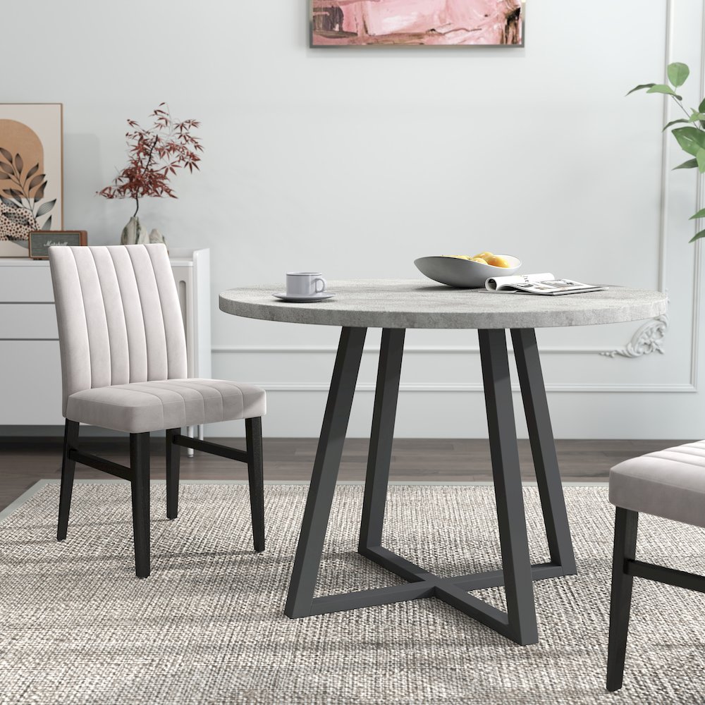 Edo 5-Piece Dining Set, Round Trestle Table and 4 Chairs, Gray and Tan. Picture 7