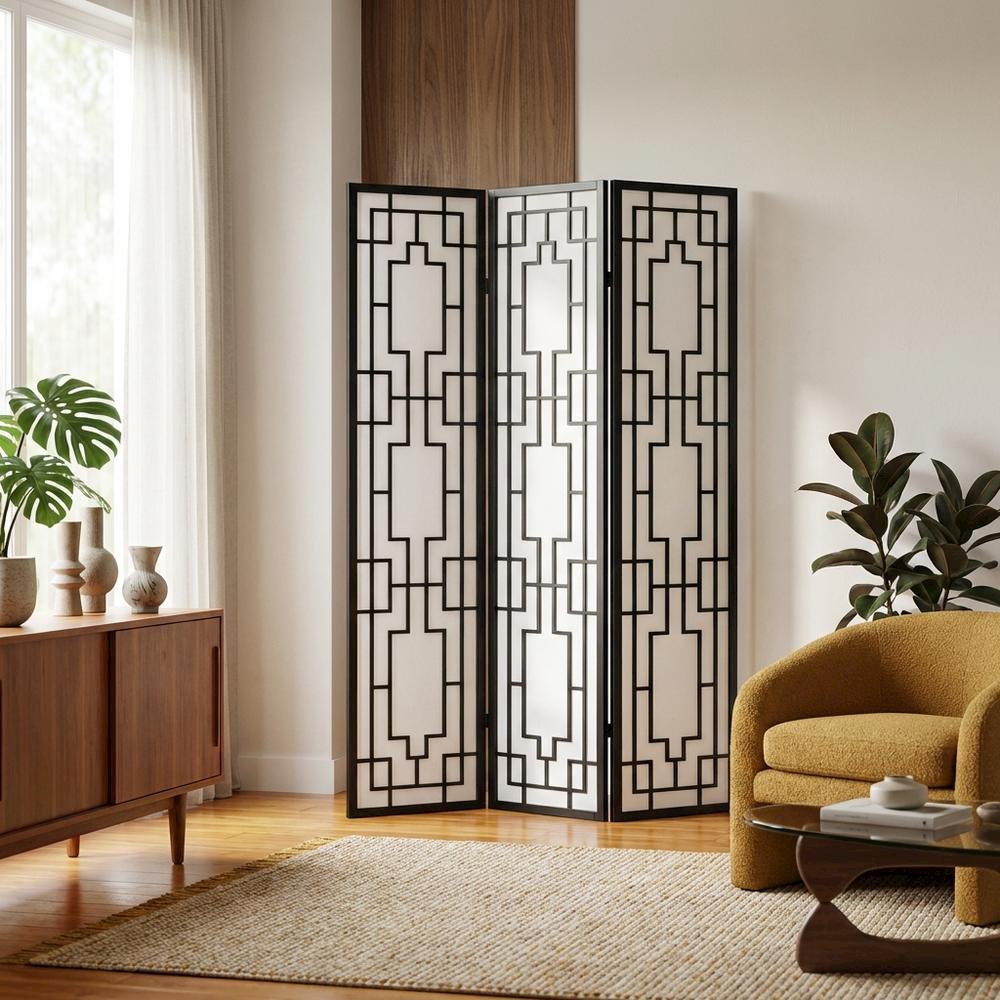 Natural 3-Panel Wood Folding Room Divider, Fabric, 70 Inch. Picture 3