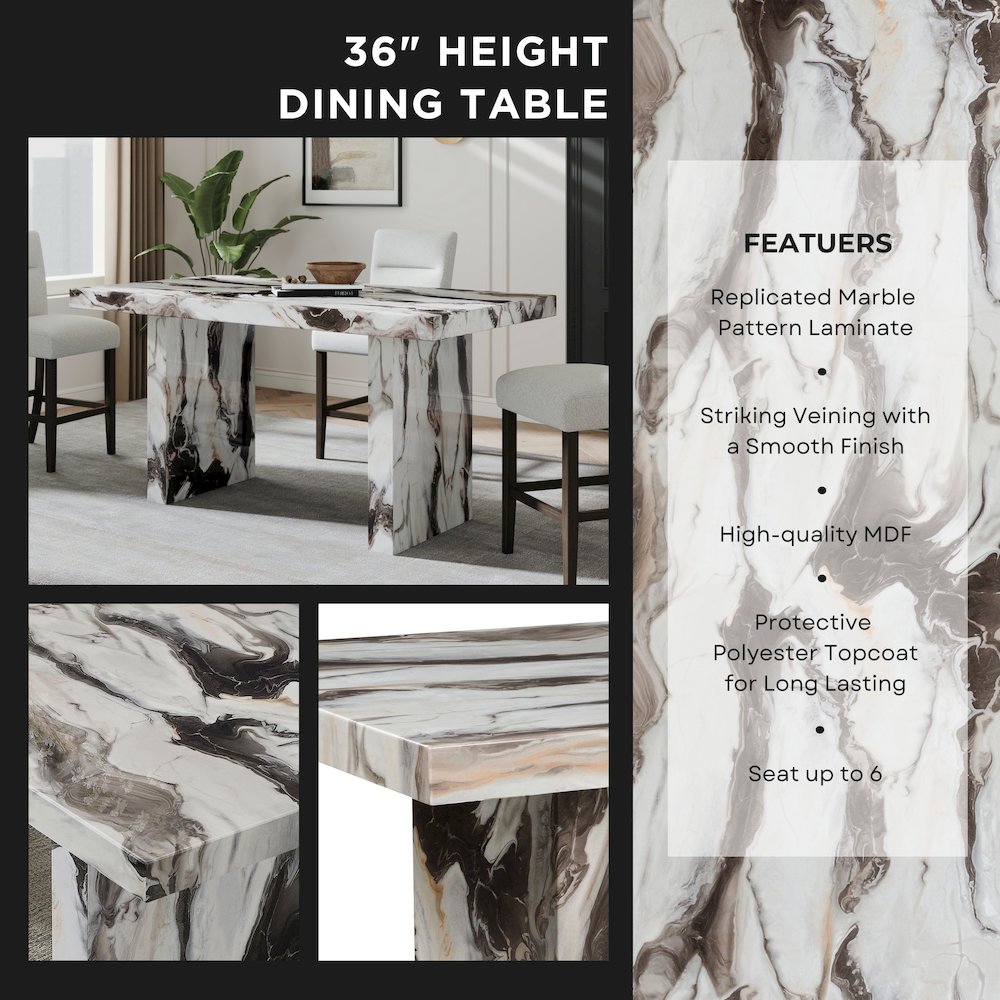 Cavira 7-Piece Modern Faux Marble Dining Set, Counter Height Table with 6 Chairs. Picture 4