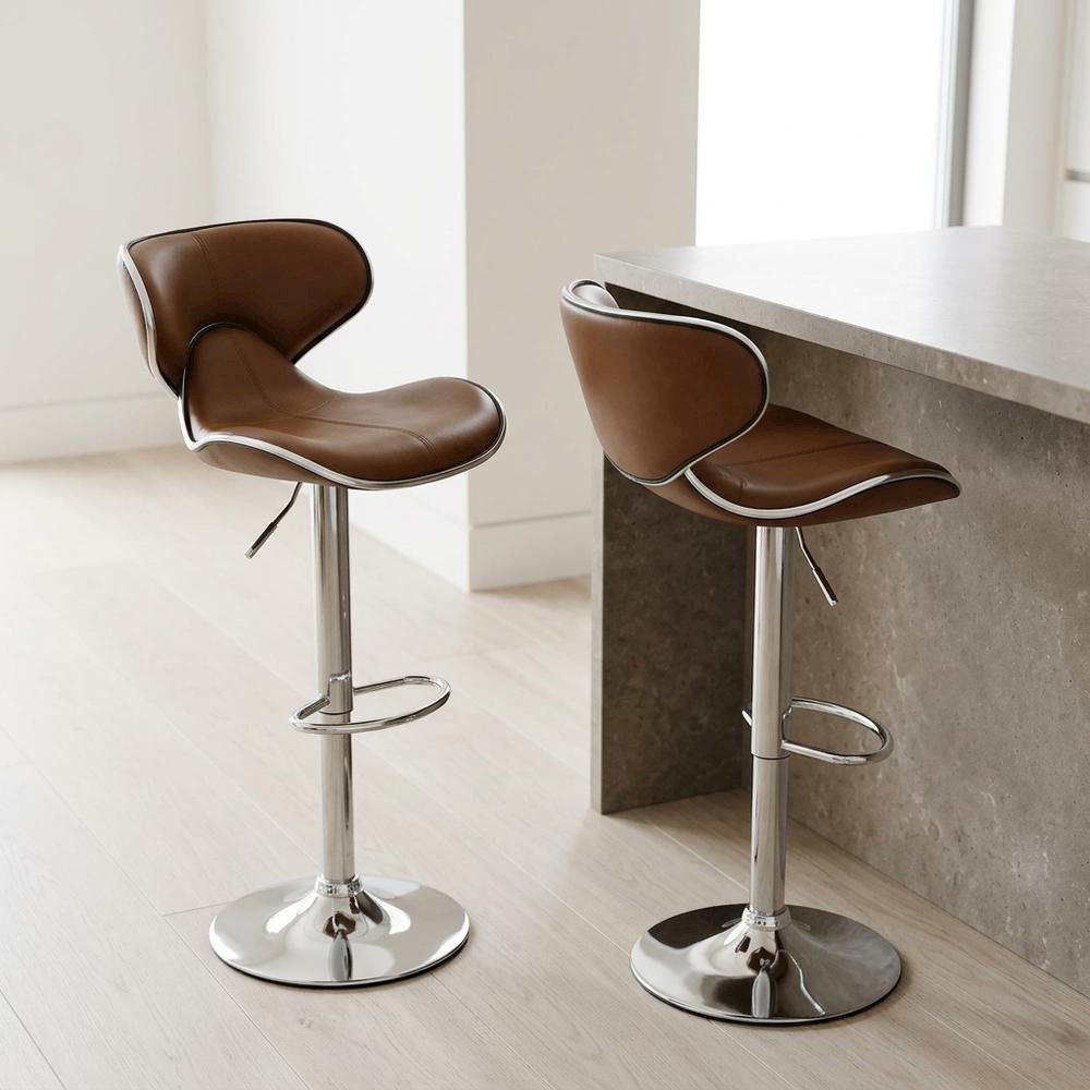 Caramel Leatherette Swivel Barstool Set with Chrome Base and Adjustable Height. Picture 5