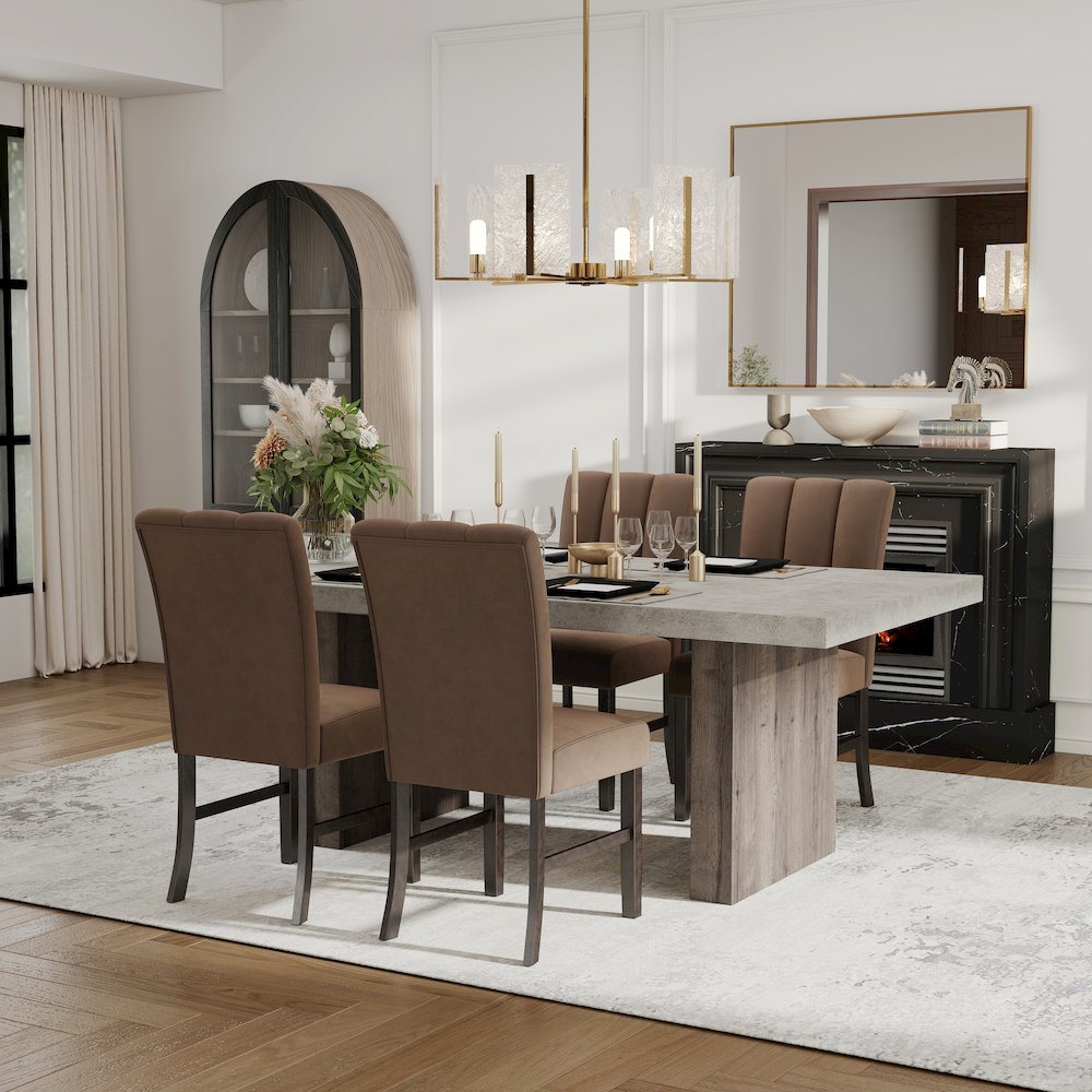 Sorlen 5-Piece Dining Set, 3D Faux Concrete Table with 4 Chocolate Fabric Chairs. Picture 4