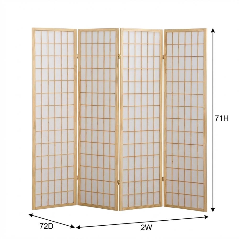Natural 4-Panel Wood Folding Room Divider, Rice Paper, 71 Inch. Picture 7