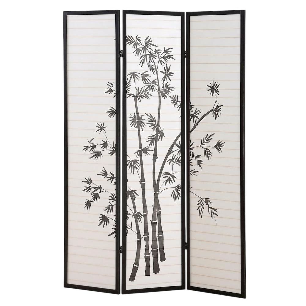 Black 3-Panel Wood Folding Room Divider, Rice Paper, 72 Inch. Picture 1