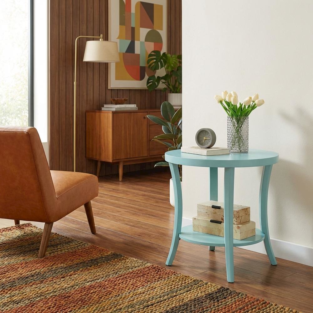 Teal Round End Table with Shelf for Lounge and Living Spaces. Picture 3