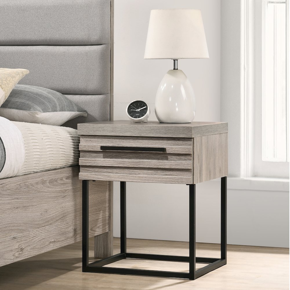 Alvear Contemporary Wood Nightstand with Metal Base, Weathered Gray. Picture 2
