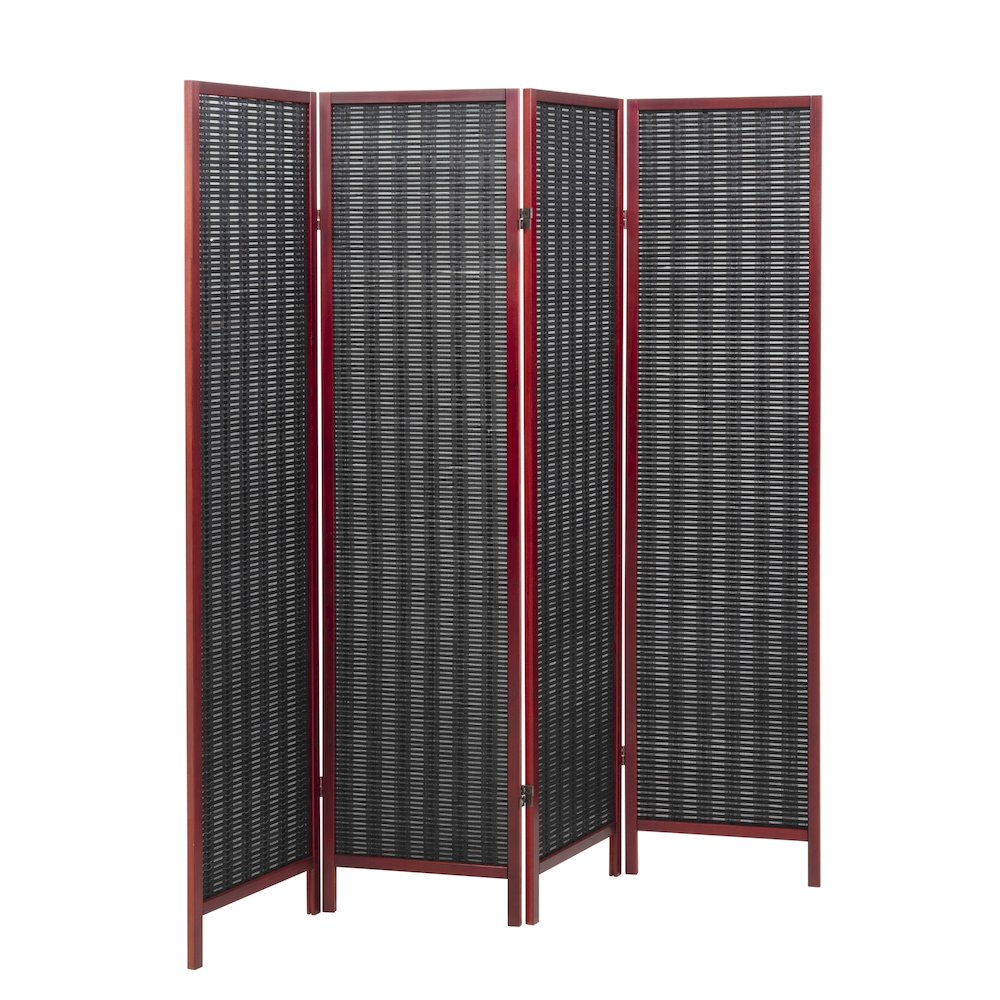 Inkwell 4-Panel Bamboo Room Divider, Folding Screen, Black with Red Frame. Picture 1