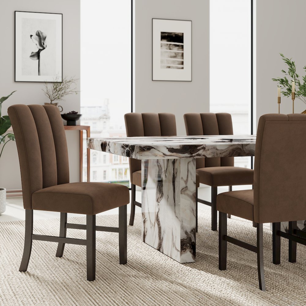 Cavira 7-PC Modern Faux Marble Dining Set, Double Pedestal Table with 6 Chairs. Picture 4