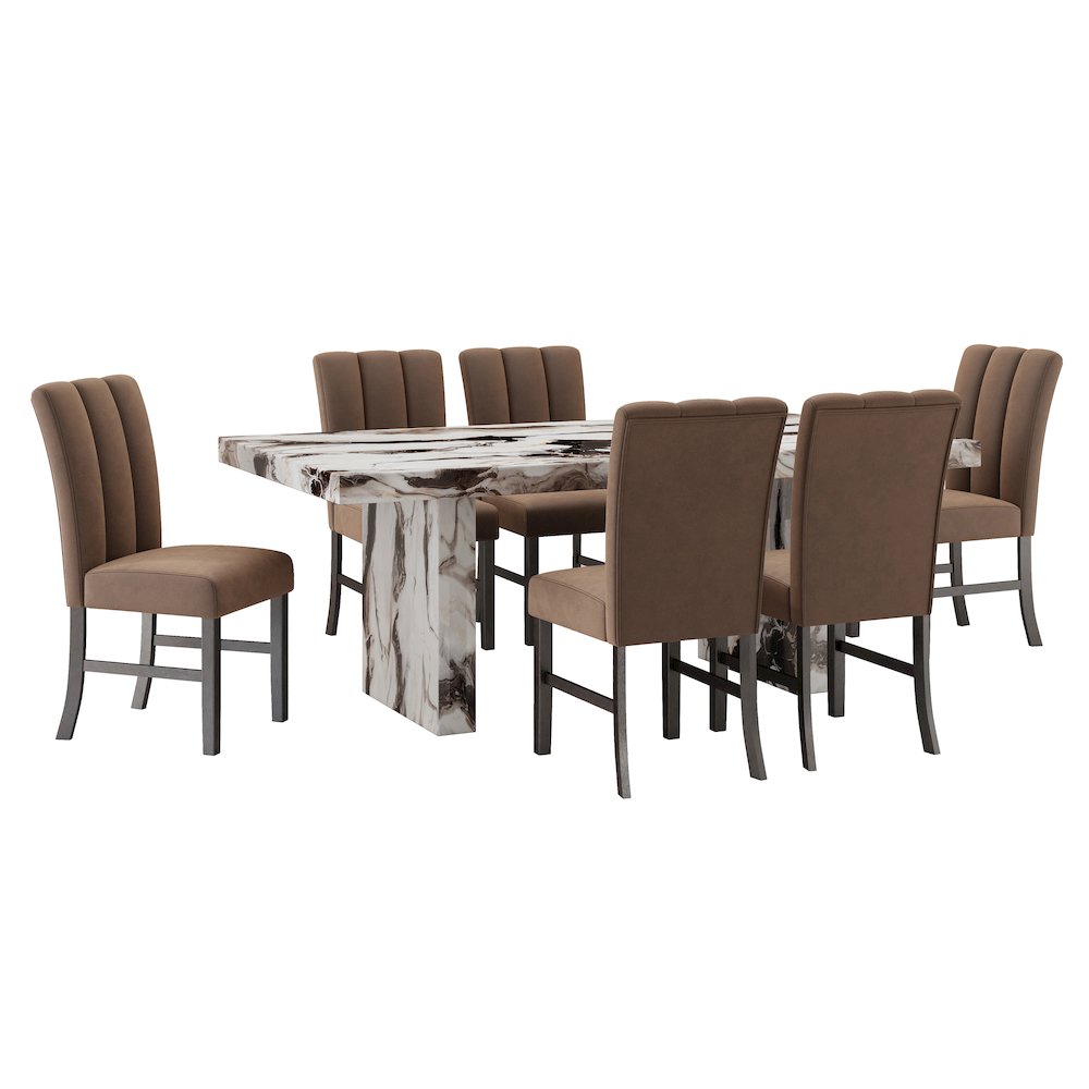 Cavira 7-PC Modern Faux Marble Dining Set, Double Pedestal Table with 6 Chairs. Picture 1