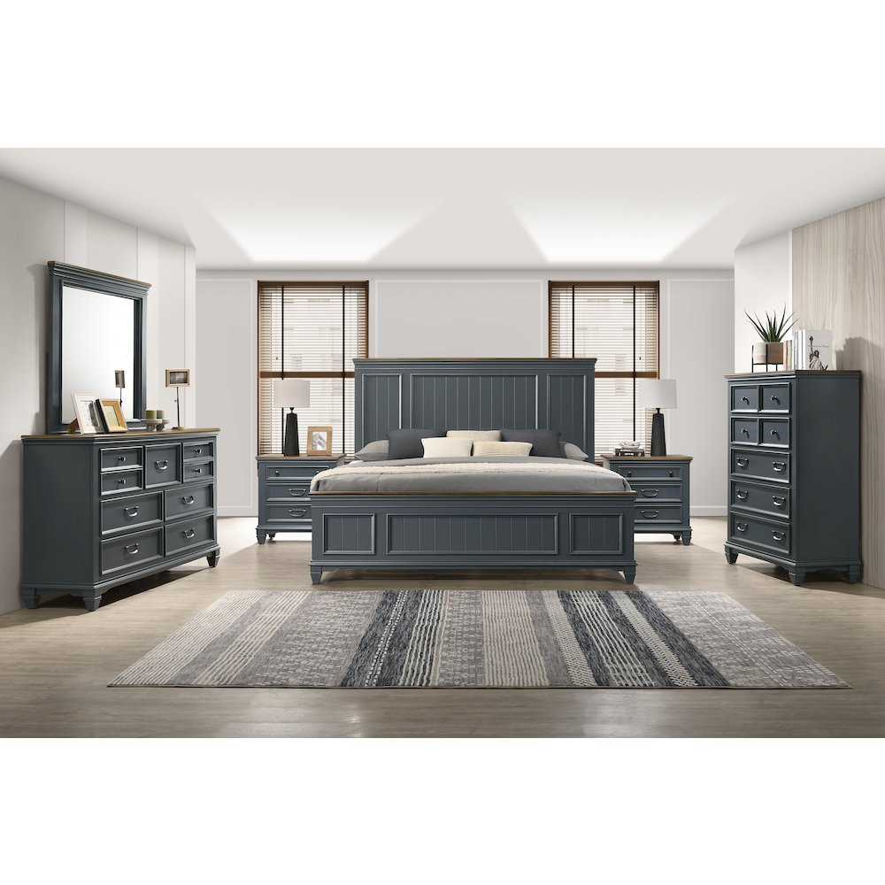Clelane Wood Bedroom Set Panel King Bed, Dresser, Mirror, 2 Nightstands, Chest. Picture 1