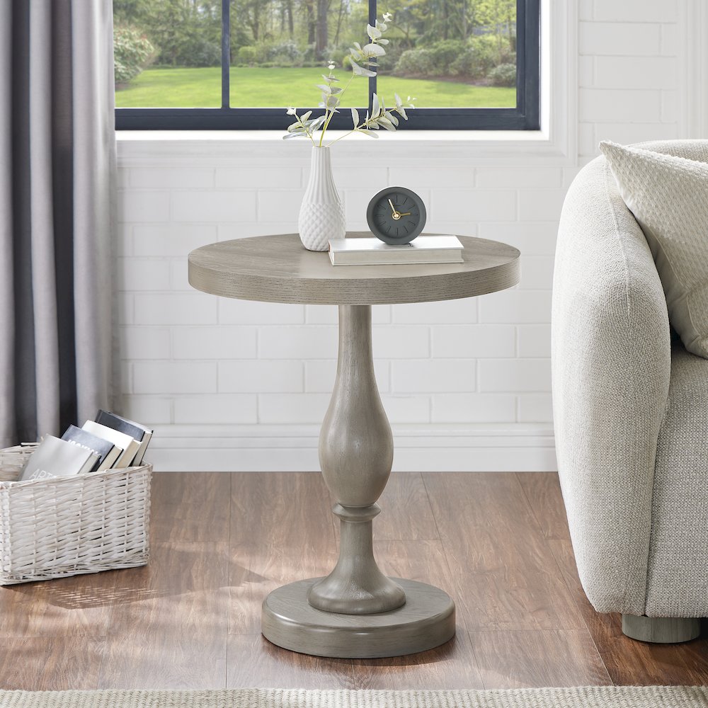 Solmere 22" Round Wood Pedestal End Table, Gray. Picture 2