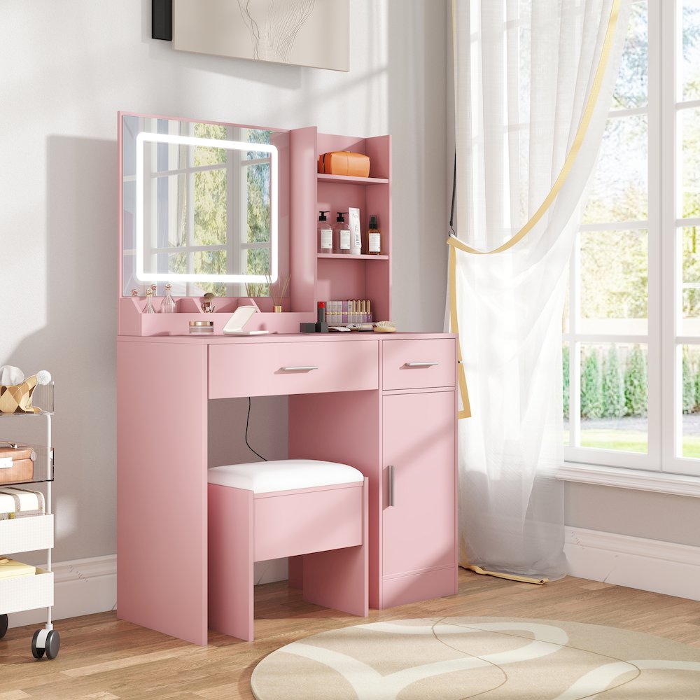 Makeup Vanity Set, Vanity Desk, Stool, LED Light Mirror, Pink. Picture 13
