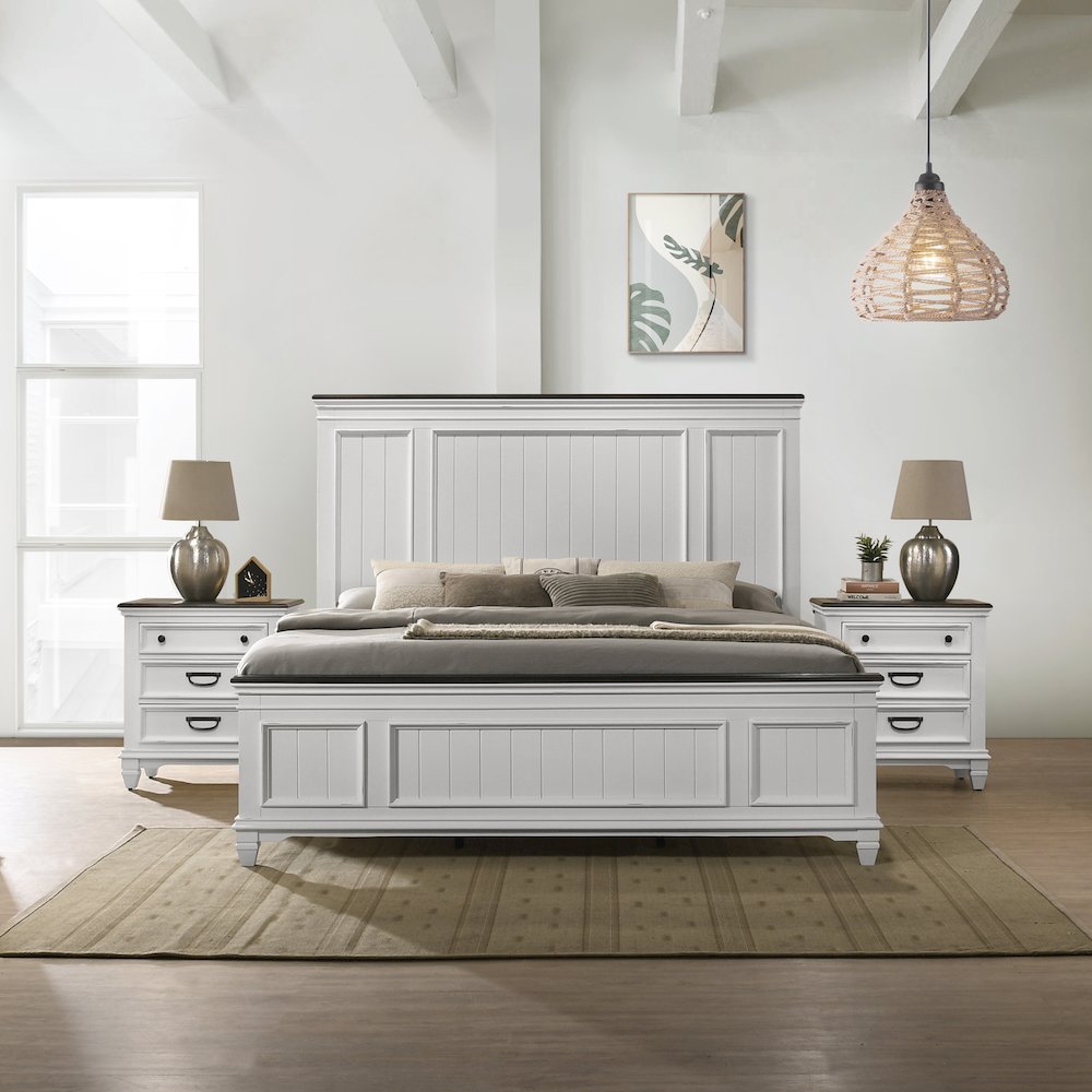 Clelane 3-Piece Wood Bedroom Set, King Bed and 2 Nightstands, Weathered White. Picture 2